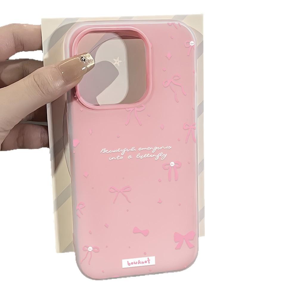 Applicable to iPhone17ProMax Korean style pink bow mobile phone protective case iPhone16 niche large hole x