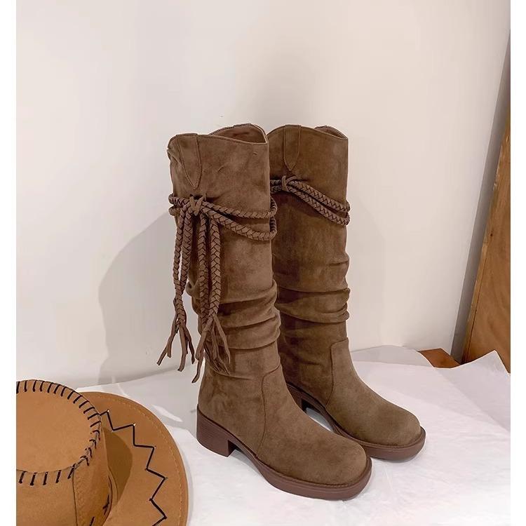 

Retro Wasteland Fringed Knight Boots Thick Heel But Knee Long Boots Skinny Pile Medium Boots Women 40