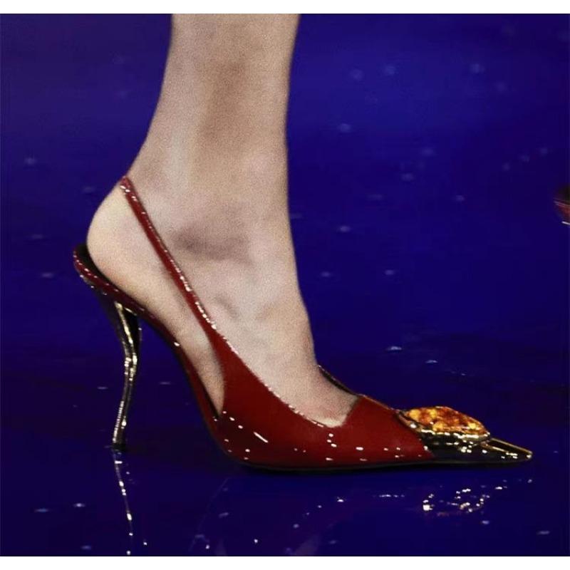 Fashion Retro Pointed Toe Diamonds High Heels Women Autumn 2025 New Metal Patent Leather Pumps Stripper Sandals Slingback Shoes