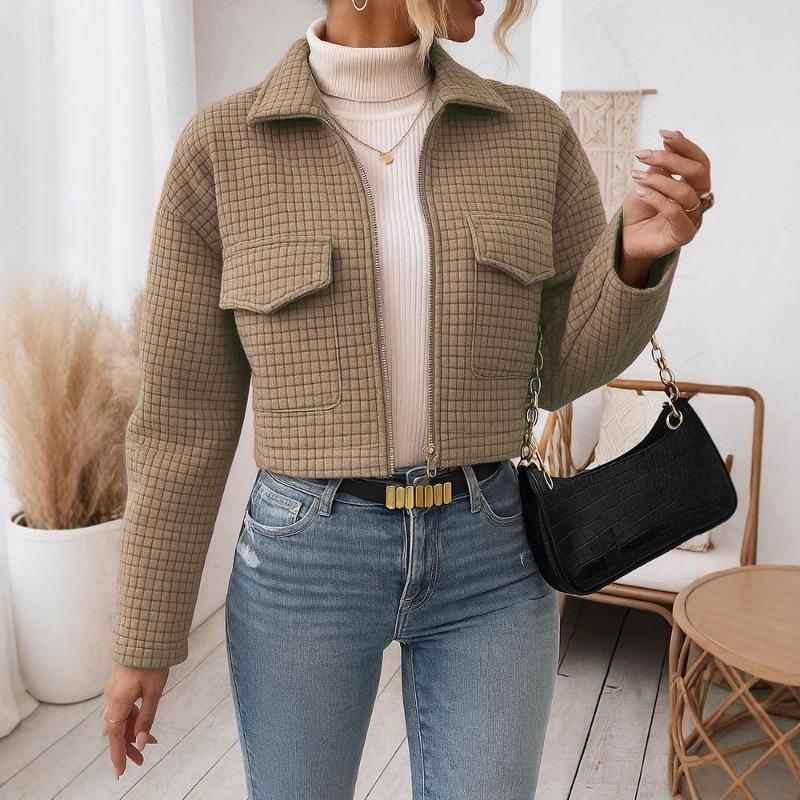 2025 New Women's Autumn and Winter New Spliced Simple Long-sleeved Zipper Lapel Woolen Jacket