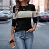 Women's Fashionable Round Neck Long Sleeved Color Blocked Loose Casual Pullover Top