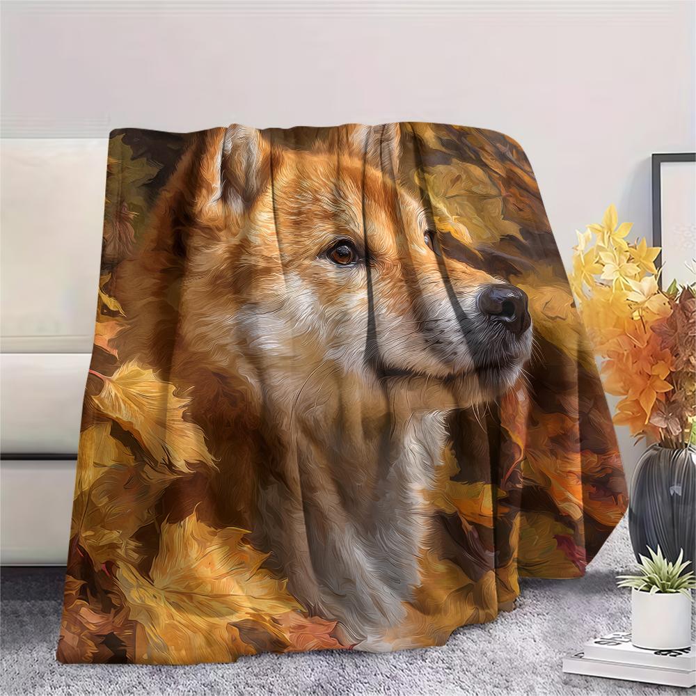 Shiba Inu and Leaves Pattern Flannel Blanket, High Quality Comfortable for All Seasons, Home Decor, Warmth and Comfort, Perfect for Gifts.