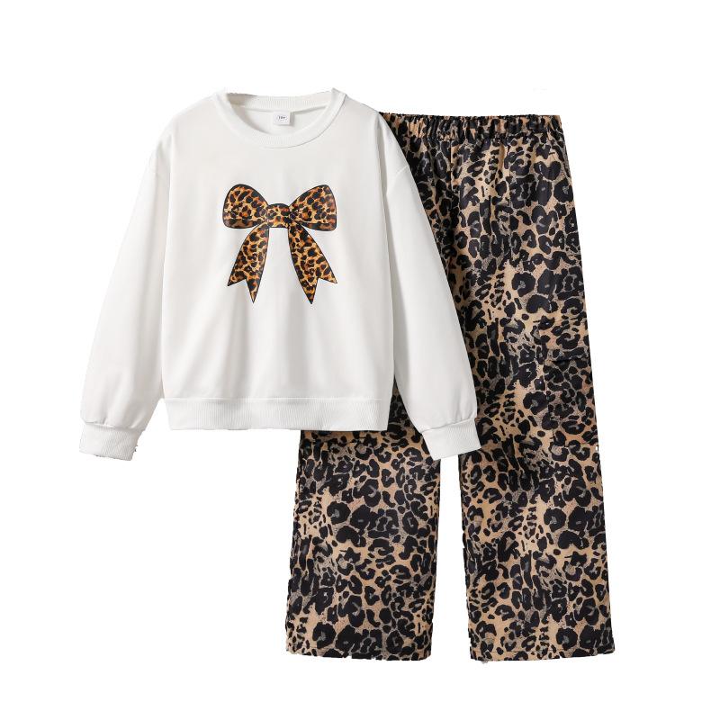Girls' Outfit Children's Clothing Spring and Autumn New Fashion Leopard Print Bowknot Print Long Sleeve Sweatshirt Wide Leg Pants