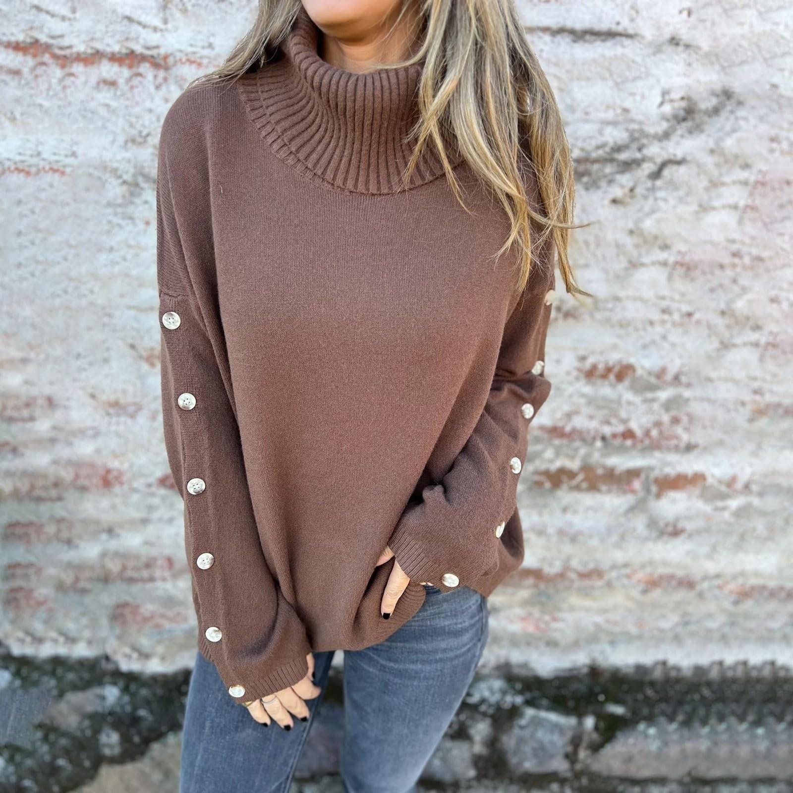 

Women s Soft Cotton Turtleneck Top Basic Pullover Sweater Long Sleeve Slouchy Loose Oversized Sweatshirts L коричневий