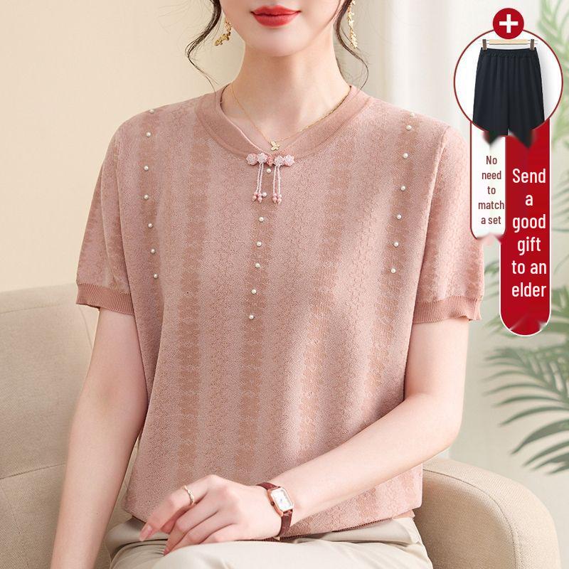 Schickes Sommer-Eis-Seiden-Qipao-Kragen Kurzarm Zweiteiler für mittelalte und ältere Frauen - Strick-T-Shirt-Oberteil in Übergröße