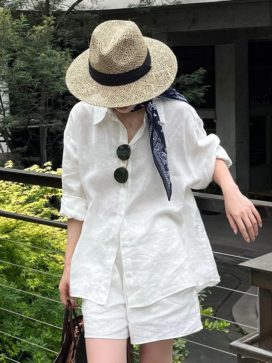 Vintage Linen Shirt & Shorts Set: Women s Loose-Fit Summer Cotton Linen Two-Piece S