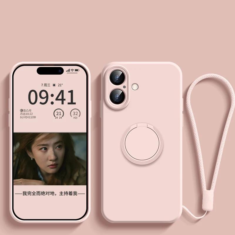 Luxury Original Liquid Silicone Ring Holder Case For iPhone17 16 15 14 Plus 13 12 Mini 11 Pro X XR XS Max With Strap Soft Cover