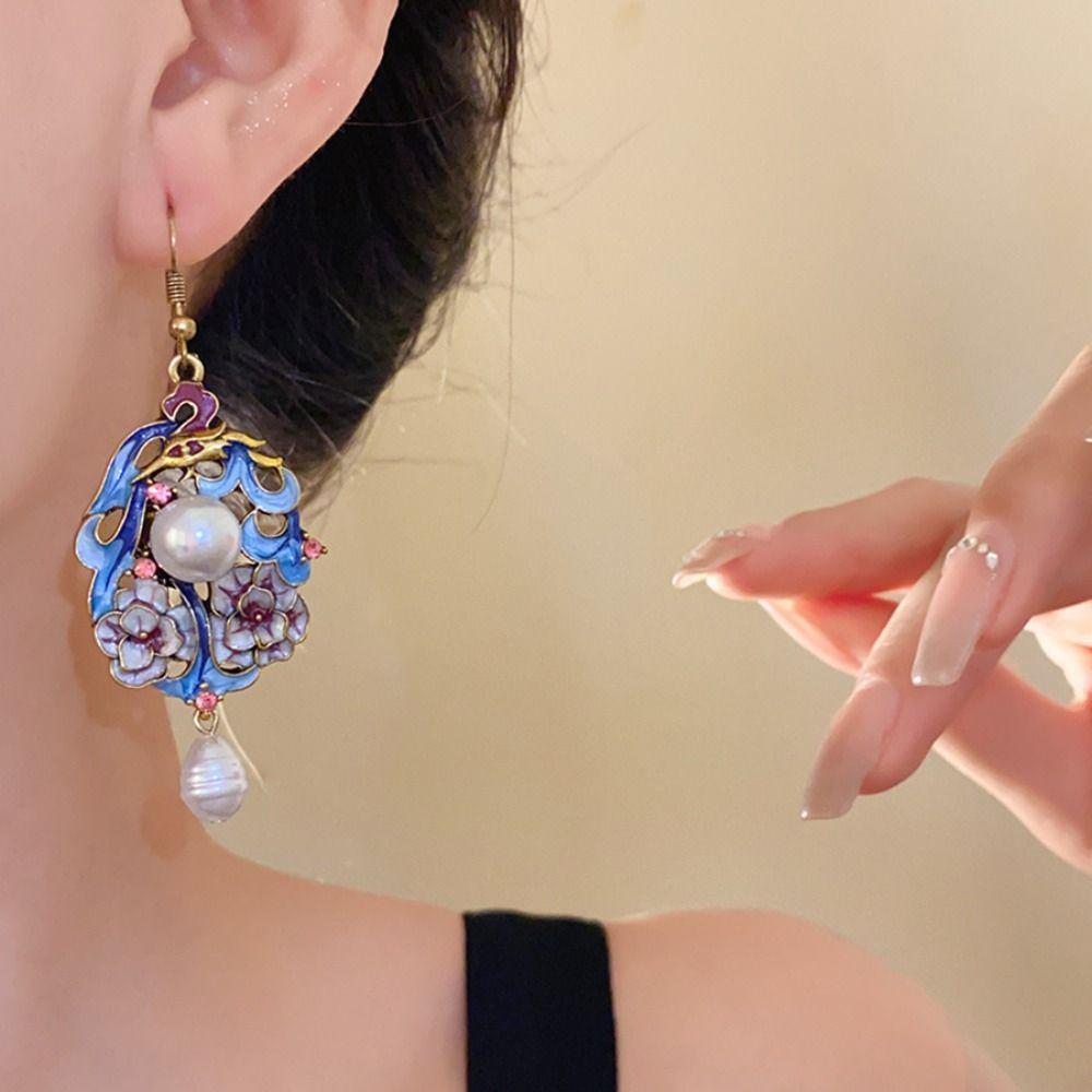 Flower Vintage Earrings Pearl Pendant Chinese Style Earrings Fashion Cloisonne Drop Earrings  Hanfu