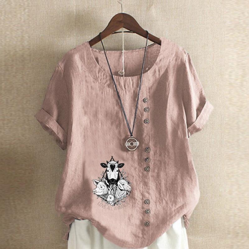 Women's Fashion Animals Prined Short Sleeve T-shirt Loose Cotton Shirt Casual Loose Summer Blouse Tops Plus Size