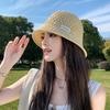 Breathable Hollow Sunscreen Straw Hat Women's Summer Letter Patch Fashion Sun Hat Outdoor Outing Bucket Hat