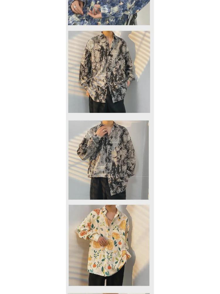 Men Spring Autumn Retro Jacket Trendy Korean Hong Kong Japanese Style Floral Shirt