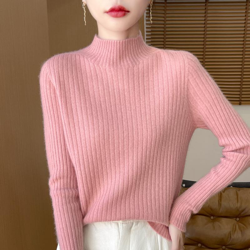 Half-high Neck Pit Stripe Sweater Women Fall and Winter Warm Inner Slim Thin Knit Sweater Bottoming Shirt
