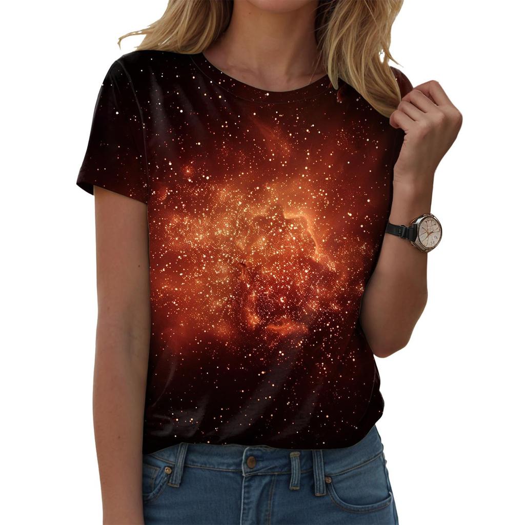 Women Galaxy Print T Shirts Glitter T-Shirts Fashionable Starry Sky Summer T-Shirts Round Neck Woman'S Summer Tops