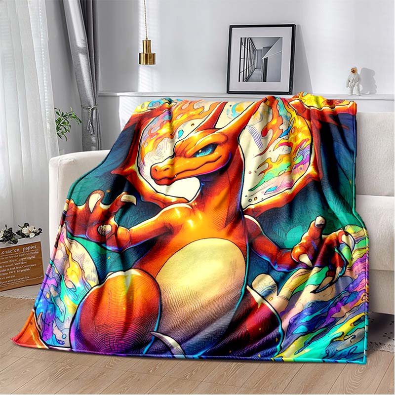 3D-Printed Cute Cartoon Charizard Blanket — Fluffy, Soft, and Warm Throw for Bedroom Decor and Home Comfort
