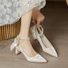 Fashion Square Heel Single Shoes Summer New Pointed Toe Shallow Mouth Beaded Bow Non-Slip Wear-Resistant High Heels