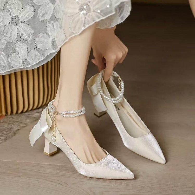 Fashion Square Heel Single Shoes Summer New Pointed Toe Shallow Mouth Beaded Bow Non-Slip Wear-Resistant High Heels