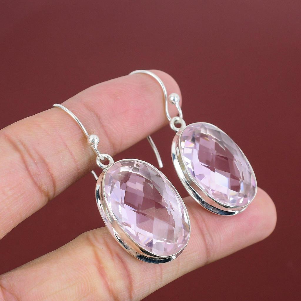 Fasetterat Rosa Kunzit Örhänge Äkta Ädelstensörhänge Eleganta Smycken 925 Sterlingsilver Örhänge Handgjorda Smycken Hängande Örhänge Bröllopspresent