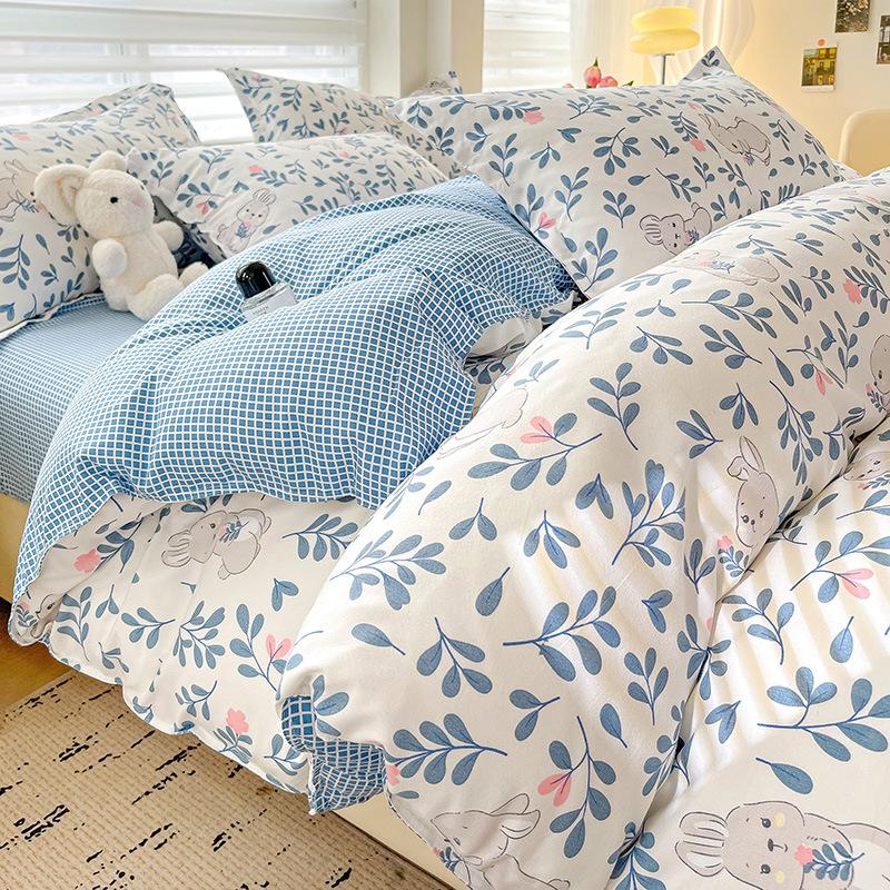 Class A Maternal Infant Grade Small Fresh Pure Cotton Abraded 4-Pcs Set, Skin-Friendly Bed Sheet Washed Cotton Quilt Cover, Dormitory 3-Piece Set