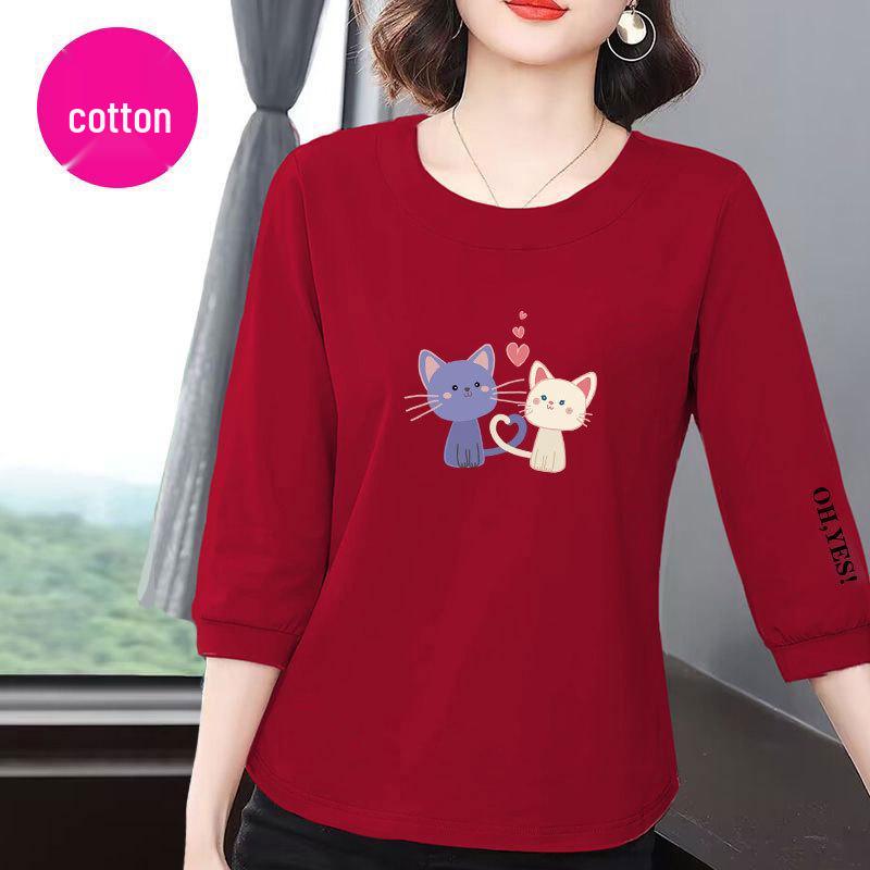 Women's Summer 2025 Korean Style Cotton Seven-Sleeve Casual Loose-Fit Slimming T-Shirt