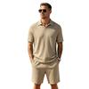 Men's Summer Beach Outfits 2 Pcs Jacquard Knit Lounge Short Sleeve Shirts and Shorts Vacation Texture Sets