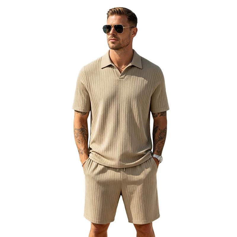 Men's Summer Beach Outfits 2 Pcs Jacquard Knit Lounge Short Sleeve Shirts and Shorts Vacation Texture Sets