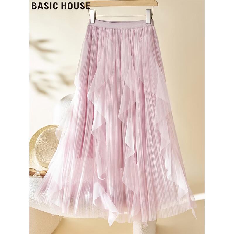 Basic House Women s Mesh Ruffle A-line Midi Skirt One Size