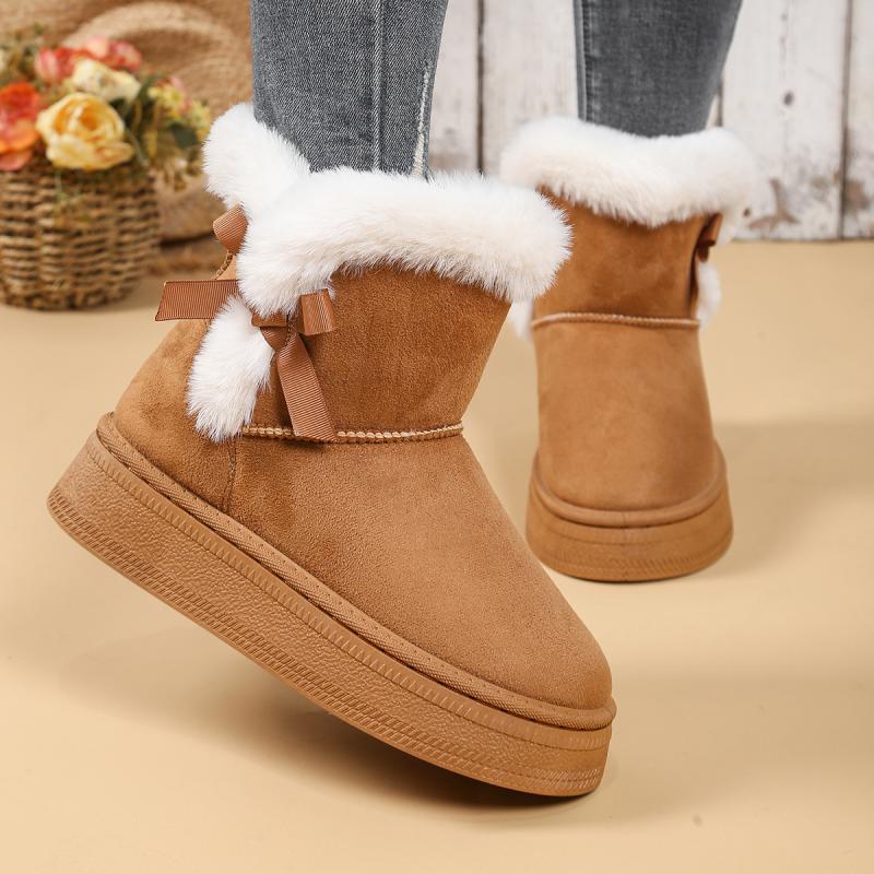 Fashion Faux Fur Bowknot Decoration Snow Boots 2025 Side Zip Thick Bottom Medium Heel Boots Warm Plush Leather Shoes Winter Warm Boots