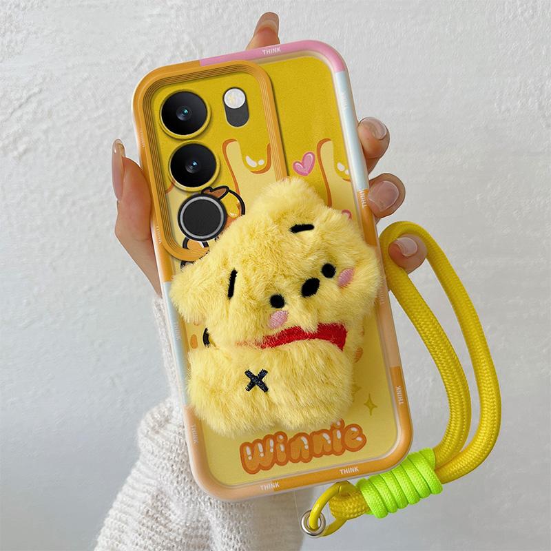 KEYSION Cute 3D Cartoon Plush Case for VIVO V29 5G with Lanyard Soft Silicone Shockproof Phone Back Cover for VIVO V29 5G