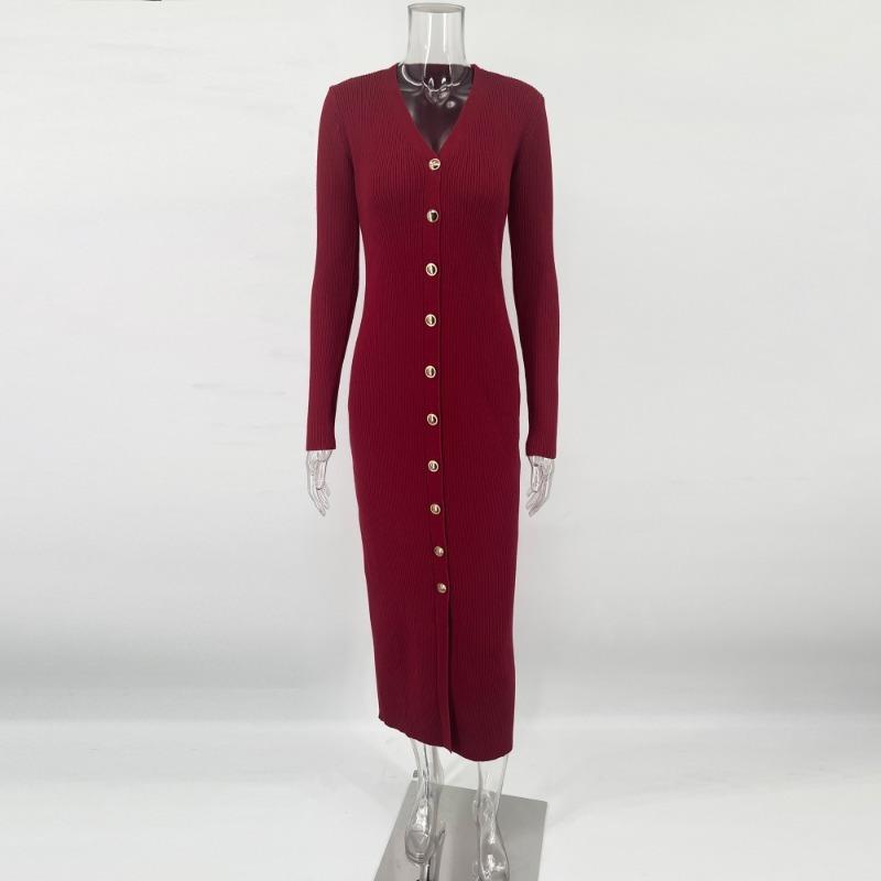 Casual Long Sleeve Knit Ribbed Dress Button Slit Female Sweater Cardigan Dresses Slim Solid Elegant Office Ladies Clothes