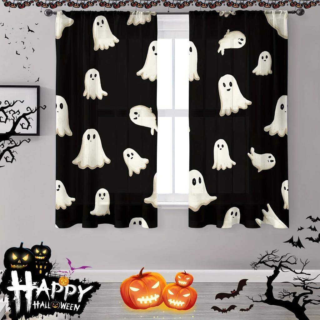 2 Stück - Halloween Gothic-Stil Bedruckte Vorhänge, Stangentaschenvorhänge, Heimdekorationen, Raumdekorationen