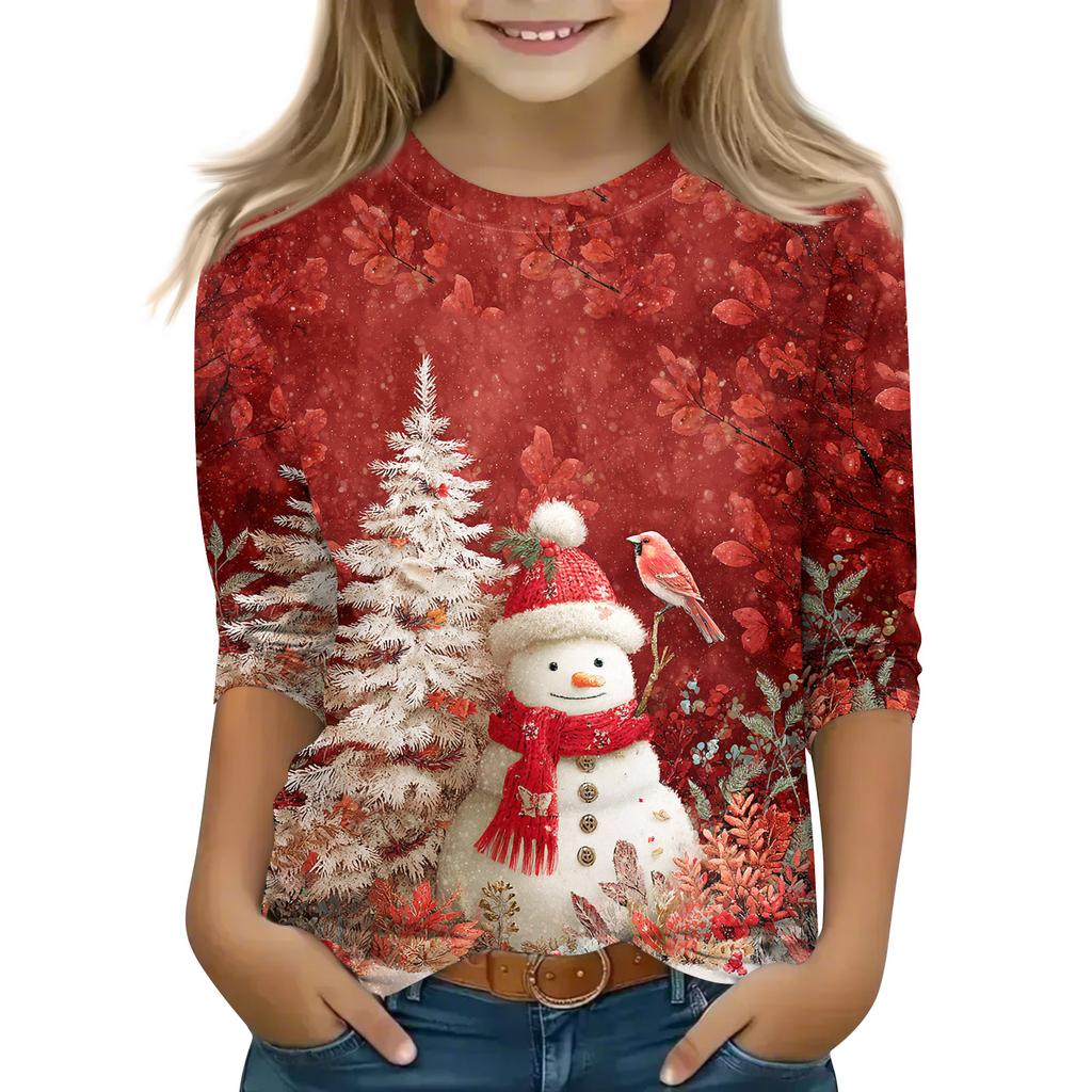 Christmas Day Print Tops For Youth Girls 4-11 Years Round Neck 3/4 Sleeves T-Shirts Trendy Tops Outfit Tees