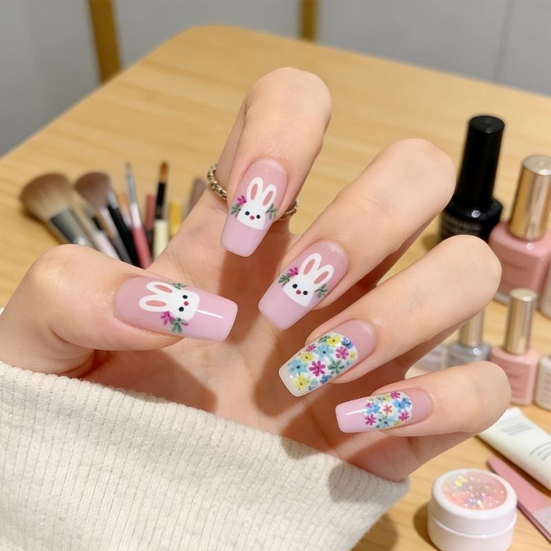 ABS Material Short Square Artificial Nail Featuring Rabbit Patterns And Floral Art For Festive Occasions
