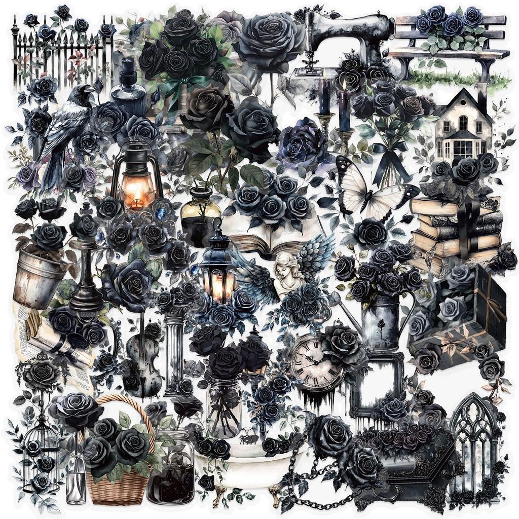 50 ks Tmavě Estetické Černé Růže Samolepky - Goth Styl Vintage Květinové Samolepky Pro Bullet Journal, Láhev na Vodu, Telefon, Kindle, Plánovač, Výrobu Karet