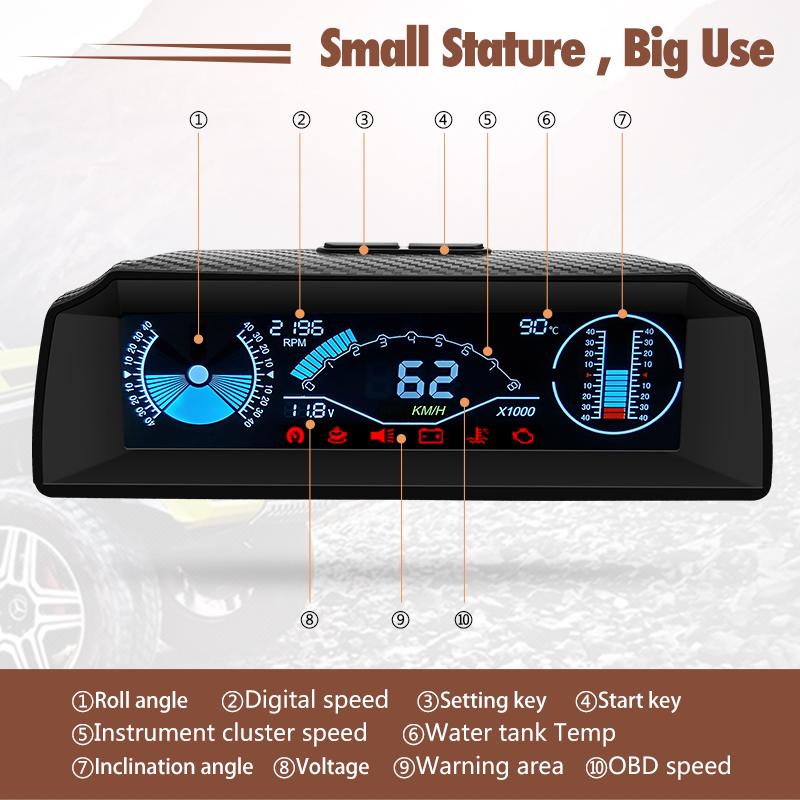 12V X90 GPS/OBD2 Speed PMH KMH Slope Meter Inclinometer Car Compass HUD Pitch Tilt Angle Protractor Latitude Longitude