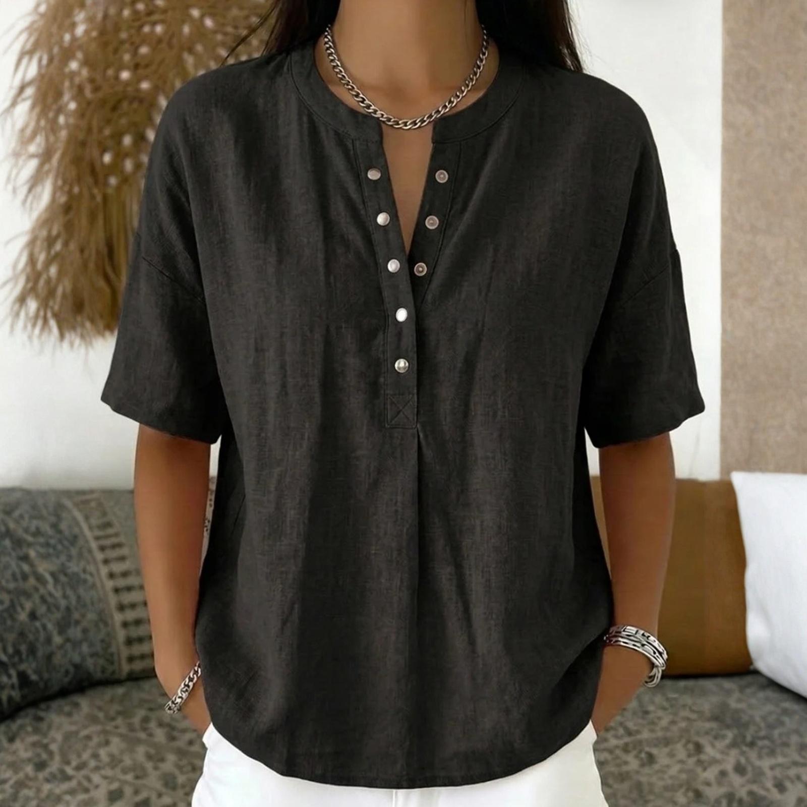 Женская топ с воротником, Хлопково-льняной топ, Летний топ, Топ на пуговицах с V-образным вырезом XL чёрный