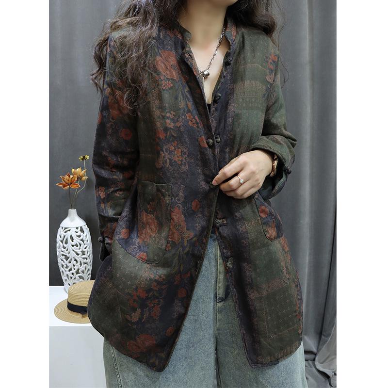 2026 Autumn Retro Print Women s Cotton-Linen Mid-Length Casual Frog Button Jacket XXL