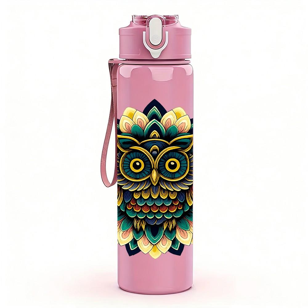 1PC Colorful Owl Mandala Pattern 750ml Color Plastic Sports Water Bottle Leakproof Flip Straw Lid Suitable for Sports Office Home Use