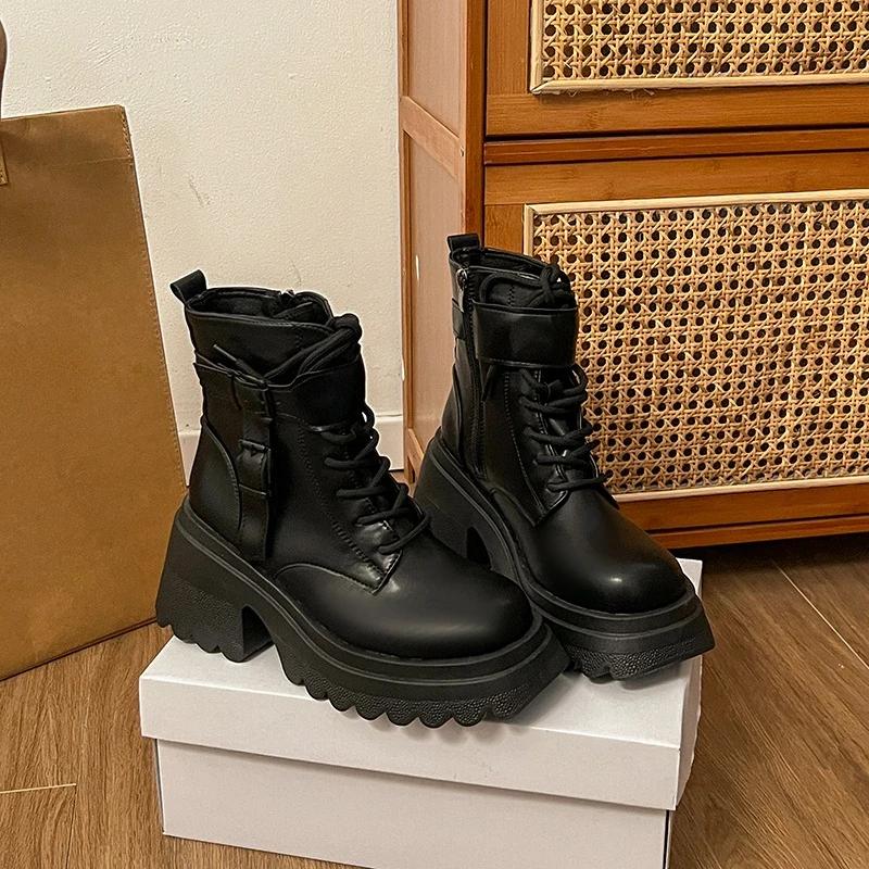 

Модные ботильоны на квадратном каблуке, осенняя новинка, круглый носок, шнуровка спереди, платформа, нескользящая износостойкая подошва, каблуки на молнии сбоку 39 чёрный