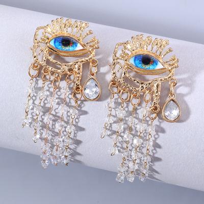1 pár dlhých visiacich náušníc s brmbolcami, krištáľové trblietavé diamantové náušnice s démonickým okom, kórejský štýl, módna bižutéria, kamienkové náušnice
