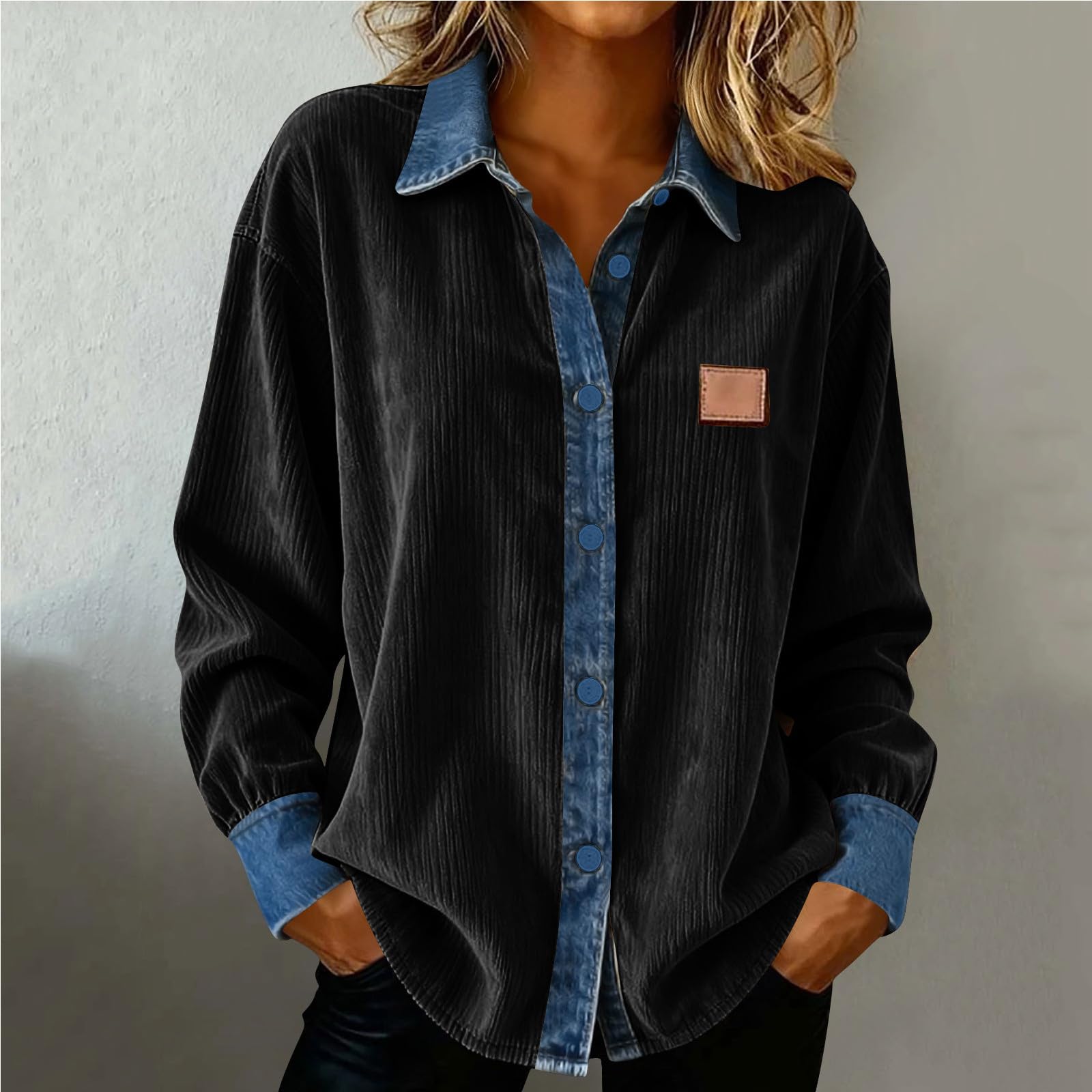 

Женская свободная рубашка с длинным рукавом: Рубашка с пуговицами, комбинированная денимом и рифленой вставкой L чёрный
