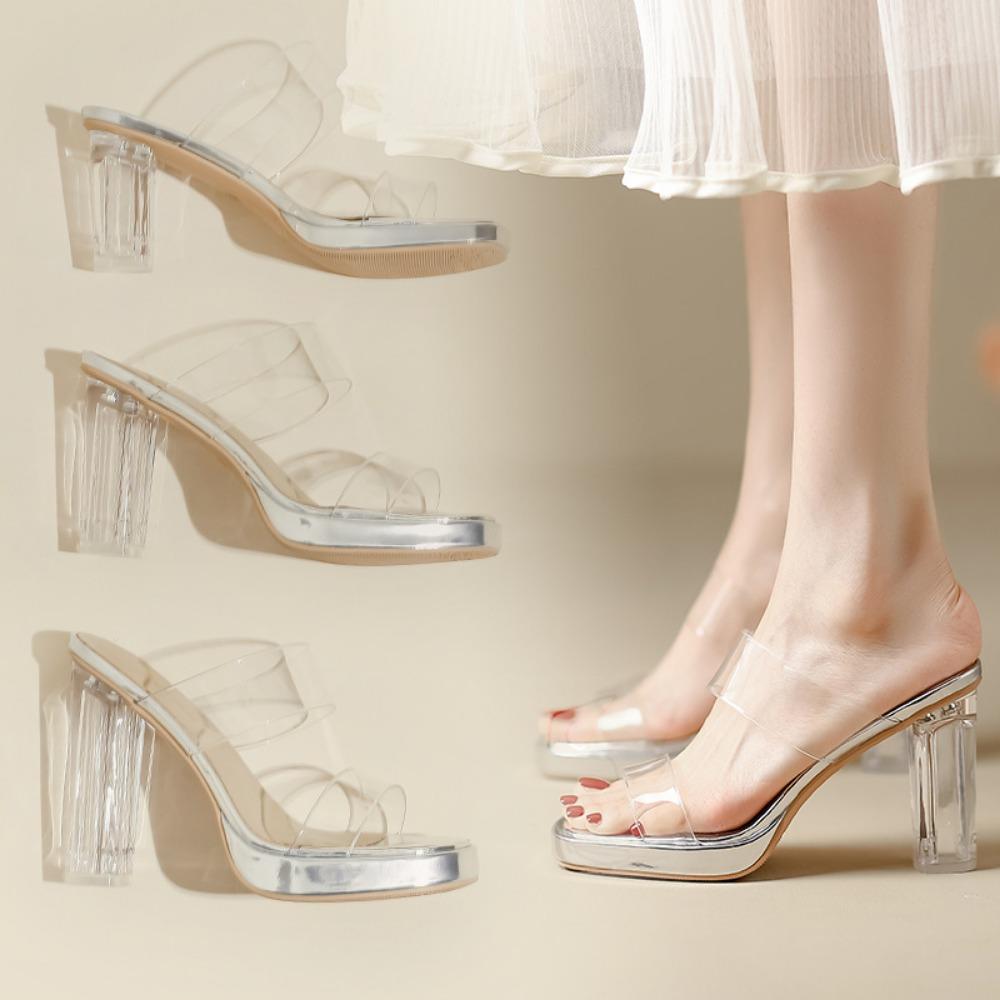 Fashion Transparent High-heeled Slippers Women Summer Waterproof Table Straight Strap Slippers Crystal Heel Thick Heel Sandals for Women