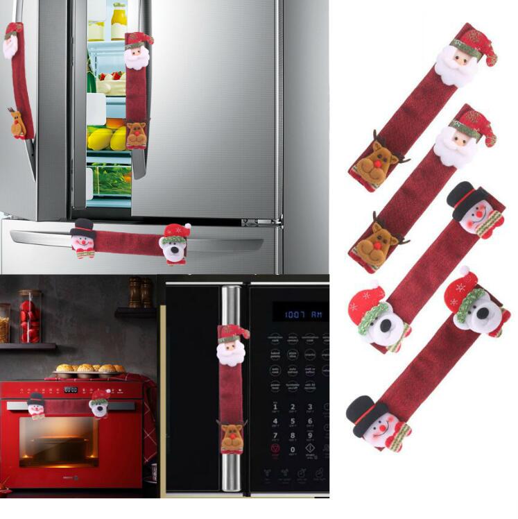 4pcs Christmas Decorations Microwave Protective Gloves Burlap Door Handle Oven Cover Home Decor