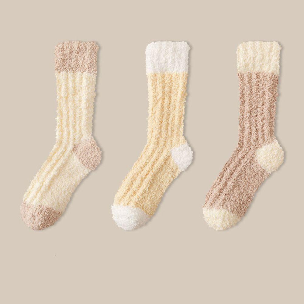 3Pairs Winter Coral Fleece Socks Sleeping Mid Tube Socks Women Kawaii Floor Plush Socks  Winter