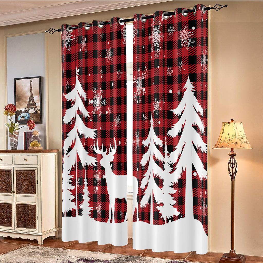 Blackout Christmas Reindeer Print Perforated Curtains Multiple Size Bedroom Insulation Holiday Decoration Easy Installation Curtain Set Of 2 Made