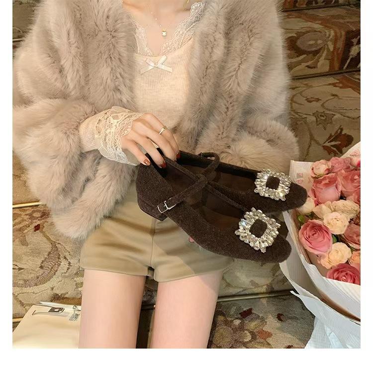 Shoe drill buckle small square head word woolen thick heel Mary Jane single shoes women's spring