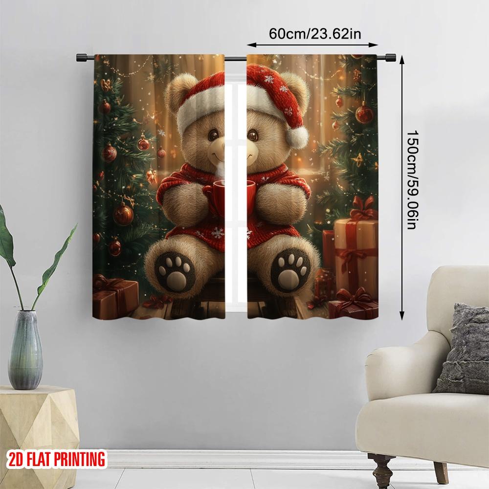 2pcs  2D plane printing Pattern Curtains Christmas bear  chocolate gift (3) Versatile Durable Polyester (without rod) Home