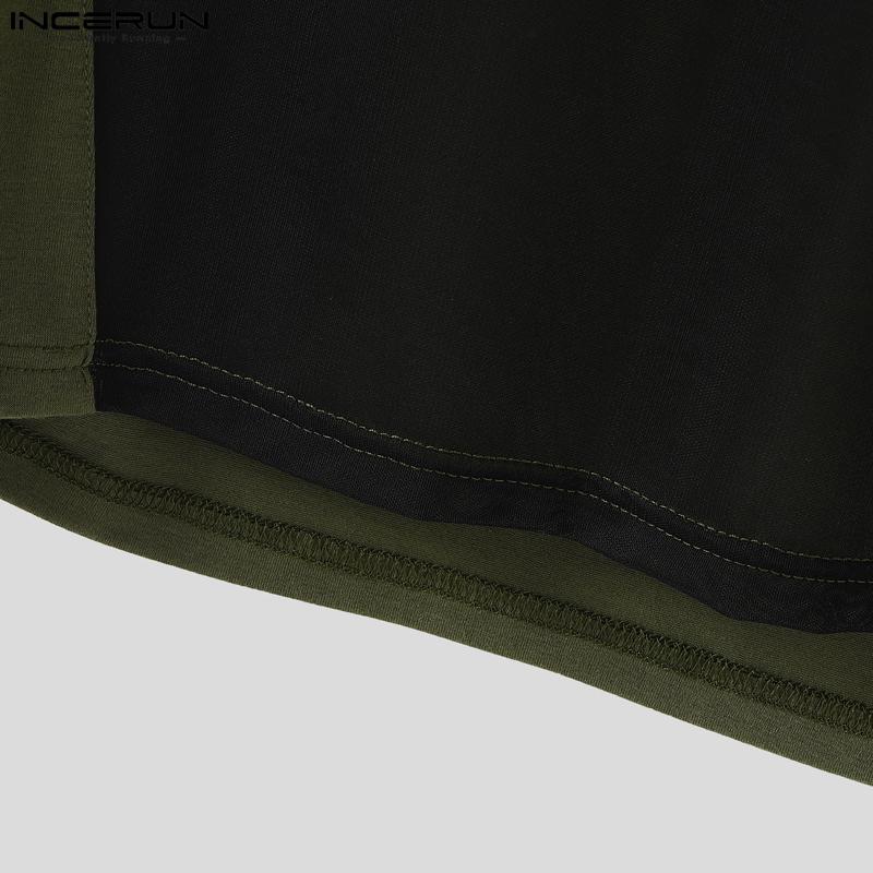 INCERUN Herren Rundhals Kurzarm Mesh Transparent Patchwork Figurbetont Cropped T-Shirts