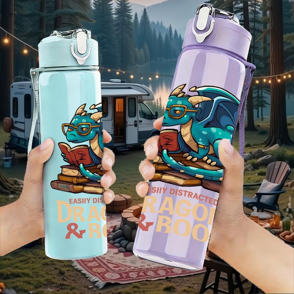 1PC Dragon Book Hooks Graphic 750ml Color Plastic Sports Water Bottle Leakproof Flip Straw Lid Suitable for Sports Office Home Use