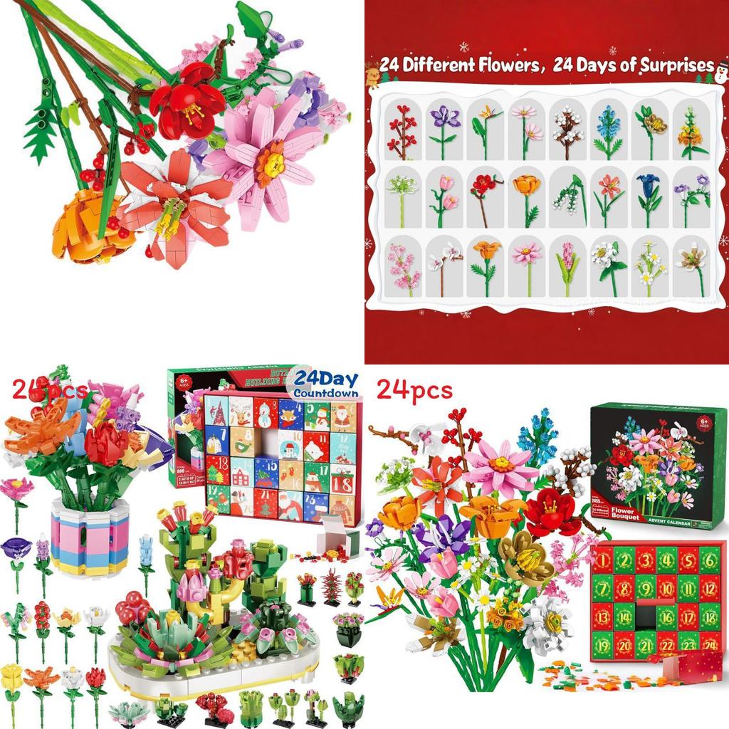 Bloemenboeket Kerstkalender met aftelfunctie en bouwstenen in een verrassingsdoos voor knutselprojecten en als kerstcadeau.