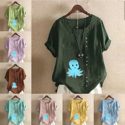 Women's New Fashion Linen Shirt Round Neck Short Sleeve Octopus Printed T-shirt Summer Ladies Casual Blouse Tops